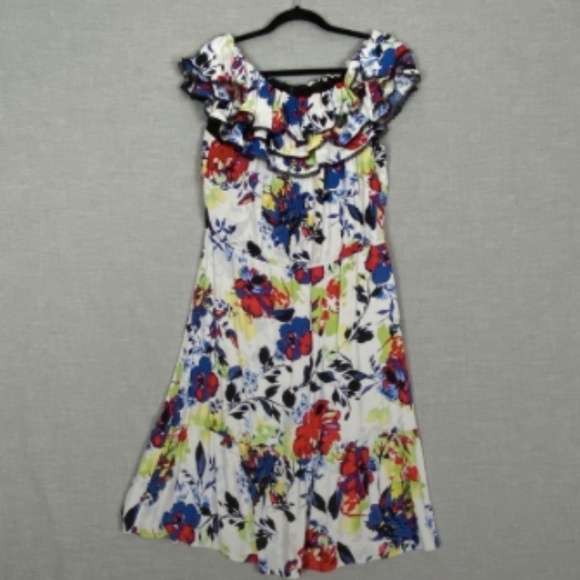 Peter Nygard Floral Midi Dress Sz 16 Ruffles Off the Shoulder - Picture 12 of 12